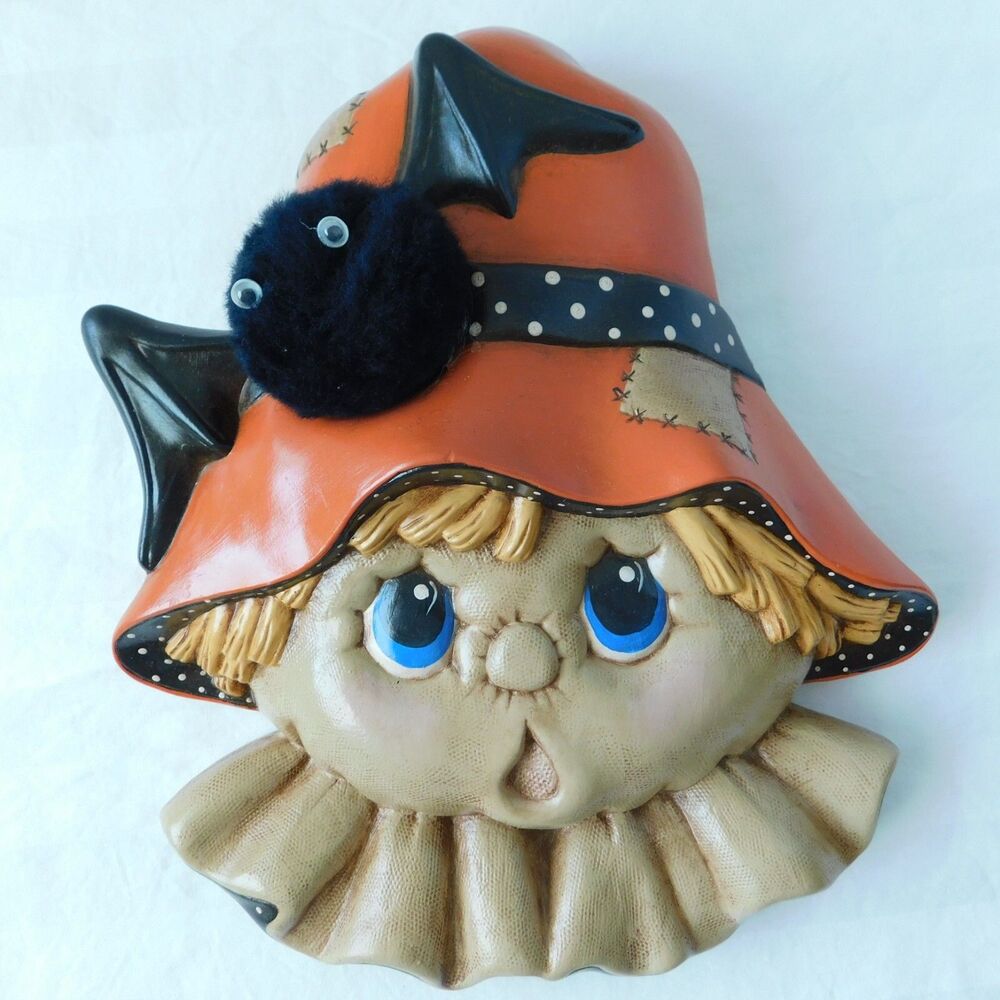 Scarecrow Halloween Wall Hanging Ceramic Decor  Bat Autumn Handpainted Vintage!